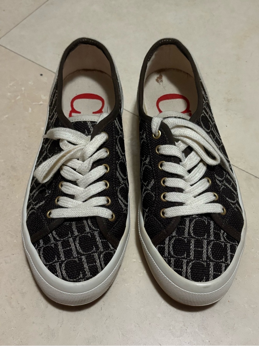 Carolina Herrera Brown and White Logo Canvas Sneakers